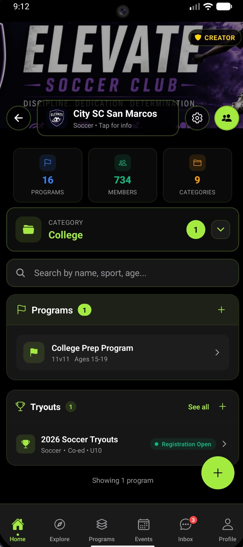 Sport Loop app home screen